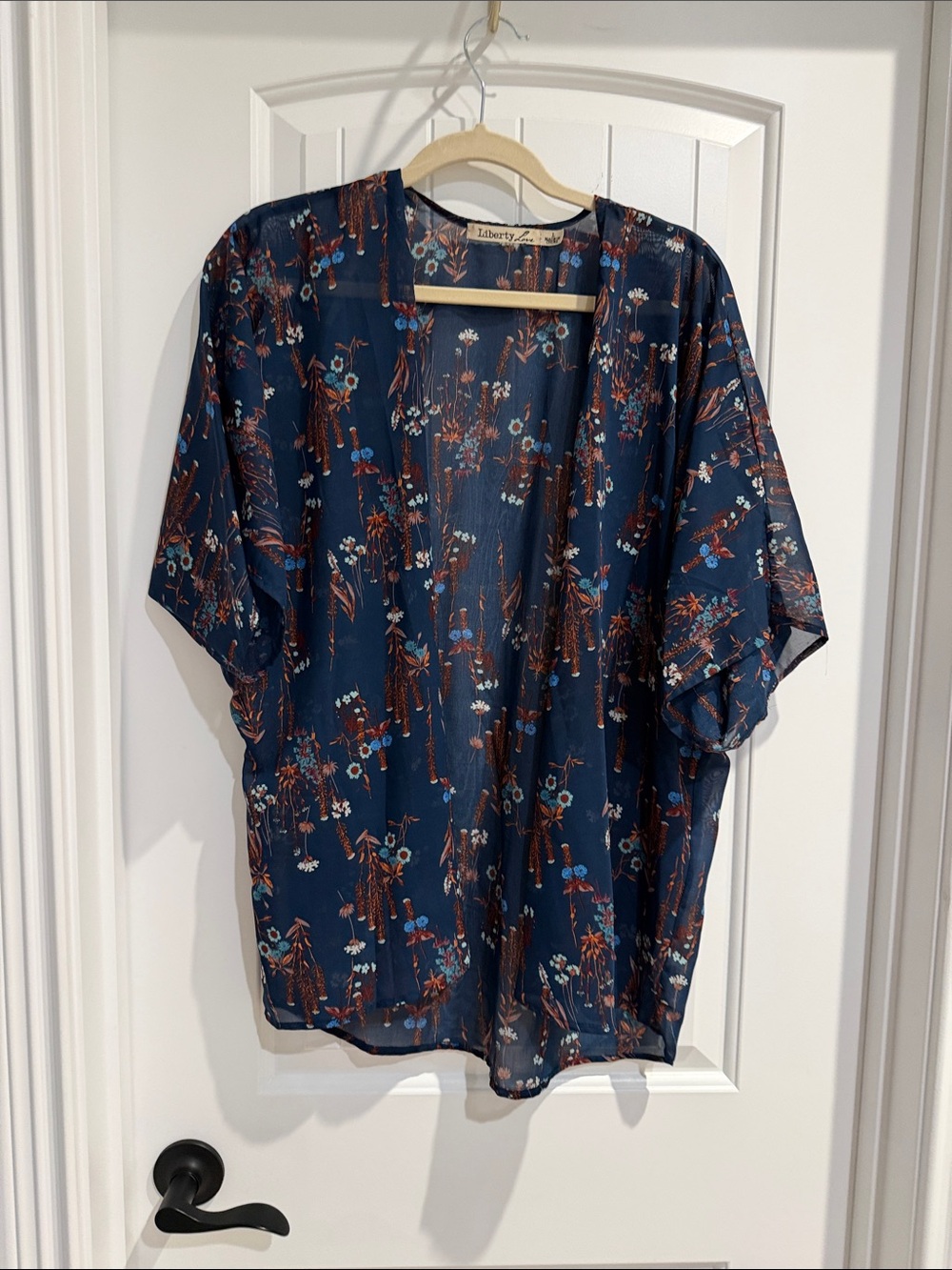 Liberty Love Navy Floral Sheer Kimono with Rust and Light Blue Accents